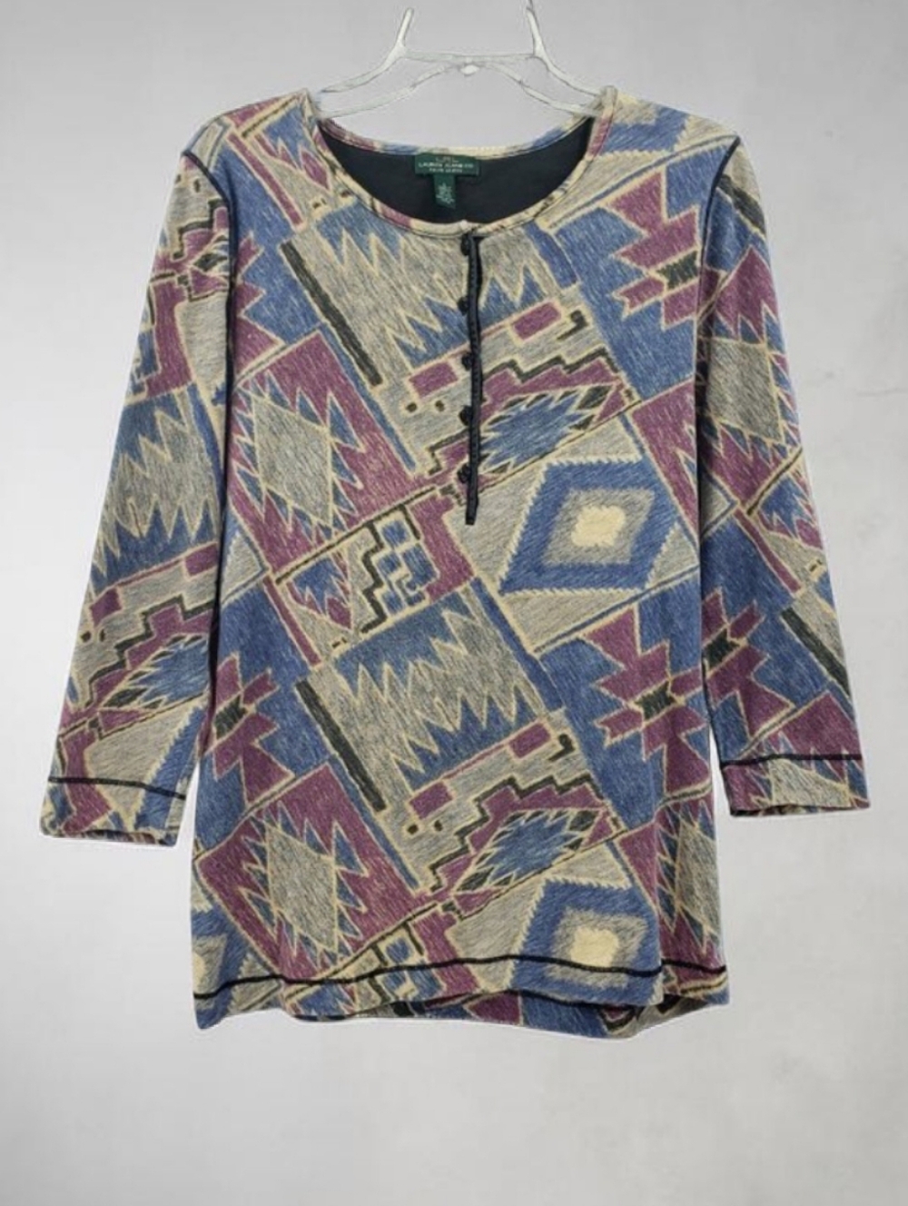 Vtg Ralph Lauren Jeans Co Henley Top Women's L Blue Gray Southwestern 3/4 Sleeve